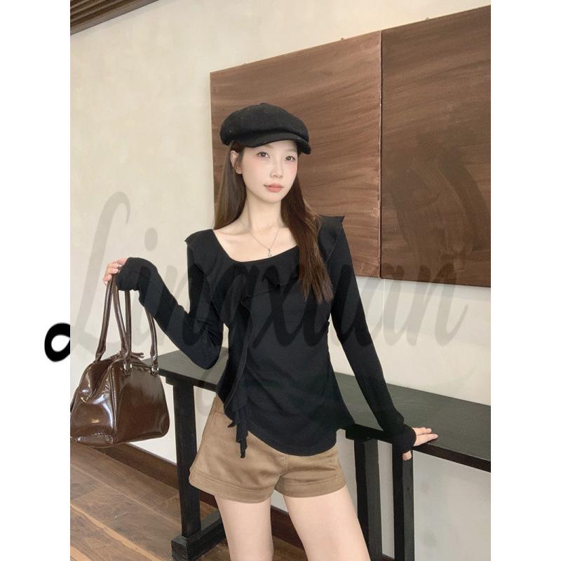 

Spring 2026 Plus Size Women s Asymmetrical Neck Ruffle Long Sleeve Slim Fit Top 4XL Plus Size