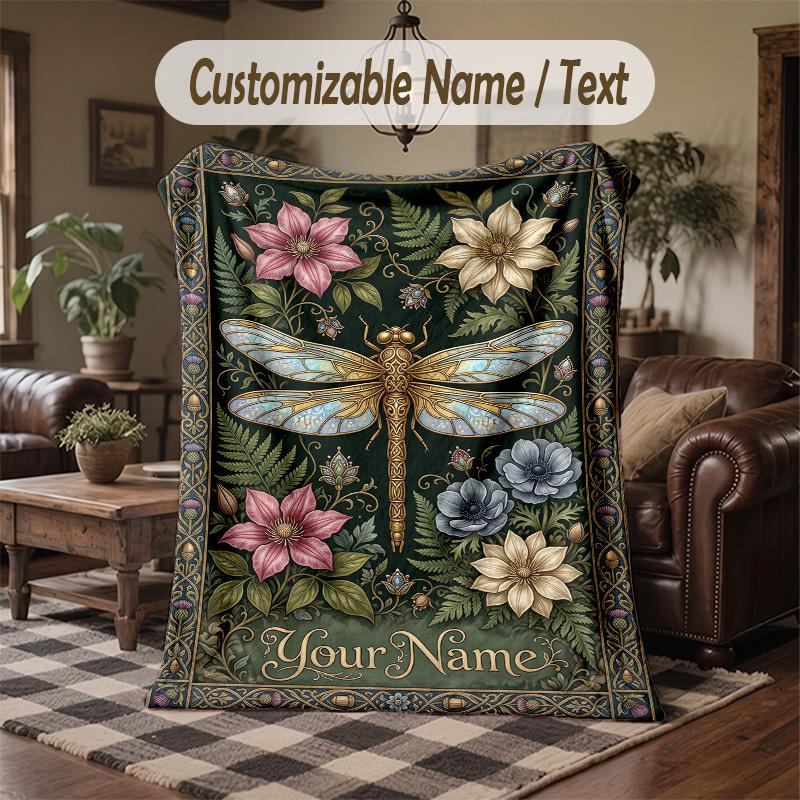 Dragonfly Fantasy Theme Throw Blanket Custom Name Text Personalized Blanket Soft Cozy Blanket for Home Sofa Bed