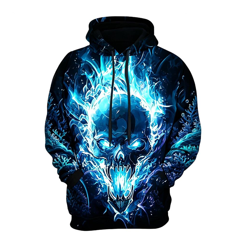 Women's Burning Fire Metal Skull Full Print Hoodie Halloween Gothic Long Sleeve Hooded Sweatshirt For Festival Wear