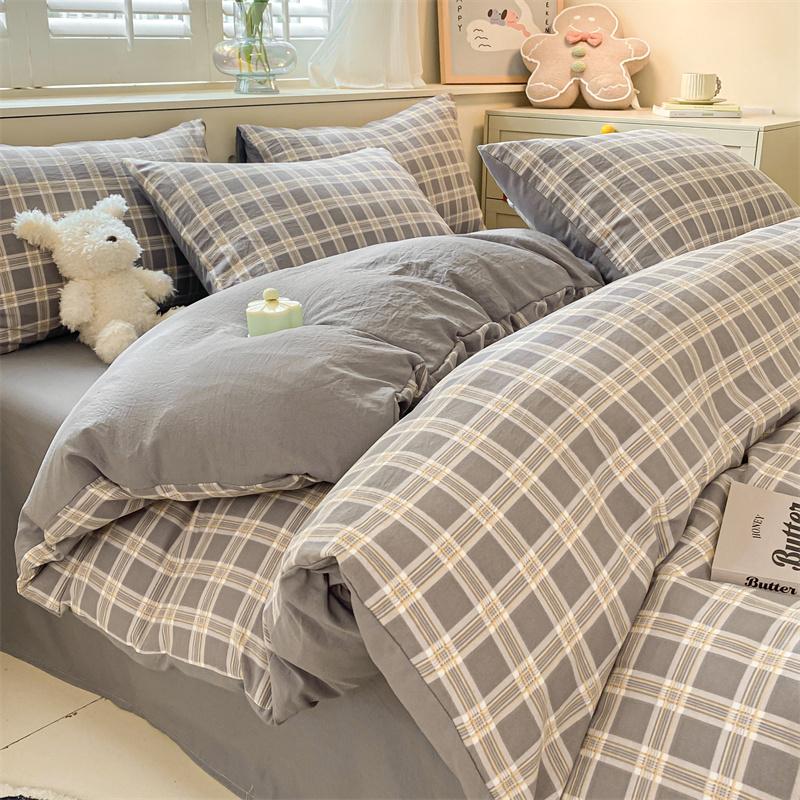 3/4 Pcs Blue Checkered Bedding Set Simple Style Soft Skin Friendly Duvet Cover Flat Sheet and Pillowcases Single Double Bed Sets