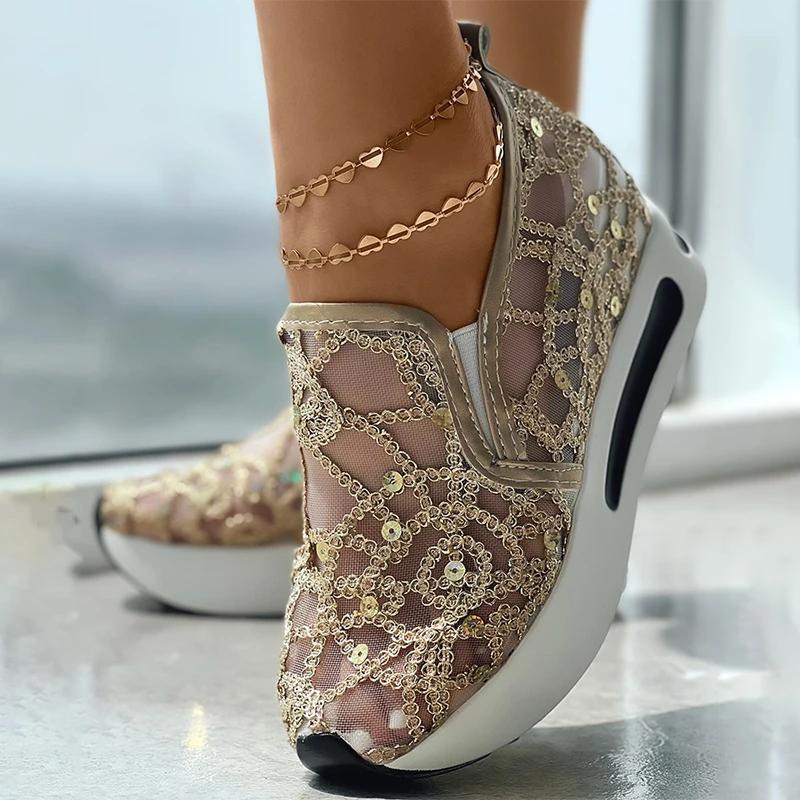 Fashion women's Muffin Sneakers Sequin Slip On Casual Shoes Round Toe Bling Bling Contrast Paneled Low Heel Sequin Slip On Sneakers