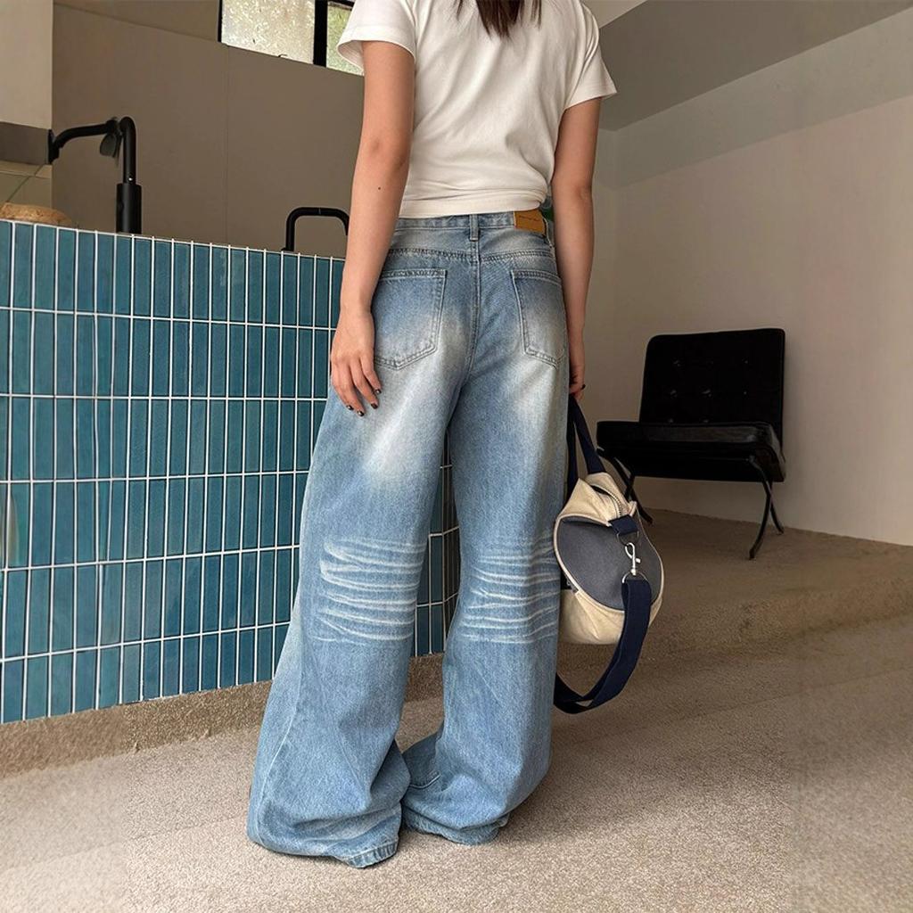 Design Sense Creases Doing The Old Washed Jeans Women Loose Wide Leg Pants High Waist Drag Floor Long Pants Jeans for Women Long Denim Pants