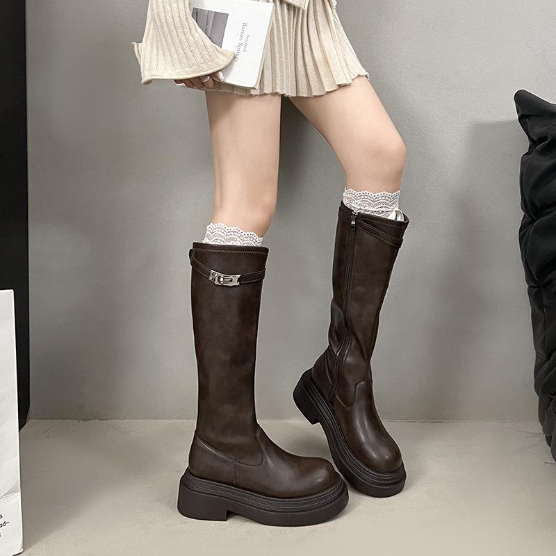 

2025 осень новые эластичные ботинки длинные сапоги женская мода универсальный ретро зарубежный стиль толстая подошва но до колена тонкие сапоги тренд 40 коричневый