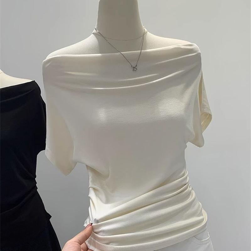 Sommer Reines Verlangen Ein Schulter Schwarz Kurzarm Damen T-Shirt Koreanischer Stil Schlankmachendes Top Freiliegende Schulter Modisch