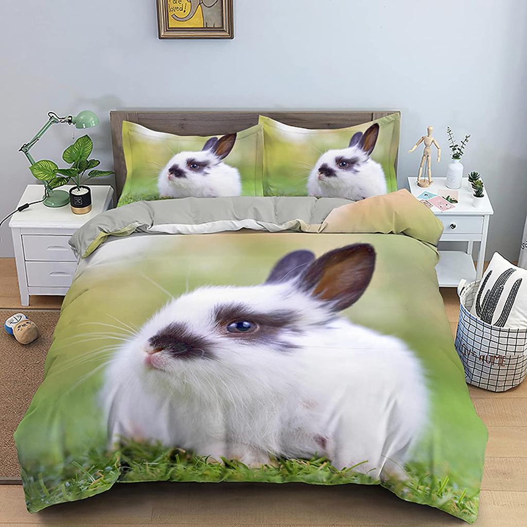 Rabbit Duvet Cover Set Polyester Comforter Cover Twin Size,Pink Floral For Girls Women Cute Bunny Bedding Set With Pillowcase