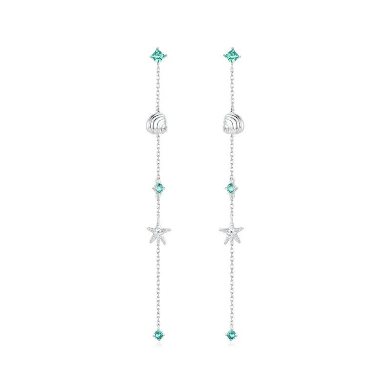 

WOSTU стерлингового серебра 925 пробы, пляжные ювелирные изделия, подарок, длинные серьги в виде ракушки, морская звезда, серьги для женщин, блестящий циркон, богемные серьги с кисточками BSE1013