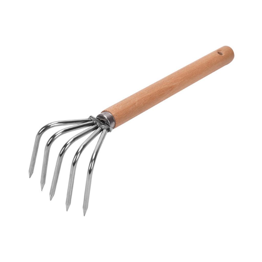 Hand Rake Cultivator Stainless Steel Claws Lightweight Digging Wood Handle Leaf Rake Small Gardening Tools for Yard Work