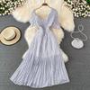 V-neck High Waist and Thin Hollow Bubble Sleeves Pleated Dress Seaside Vacation Pendulum Long Skirt Casual Style Short Sleeves