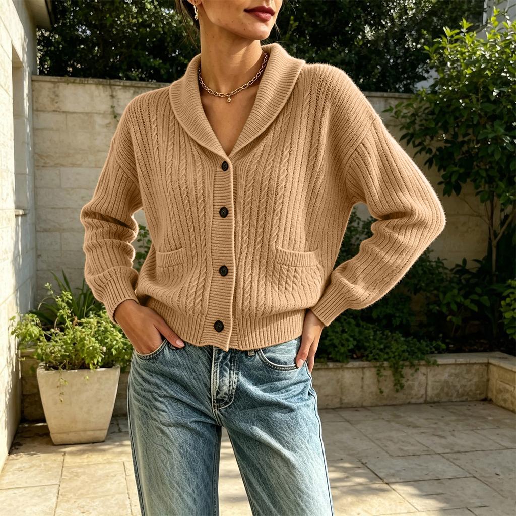 Women's Casual Loose Fit Cable Knit Cardigan with Lapel Collar