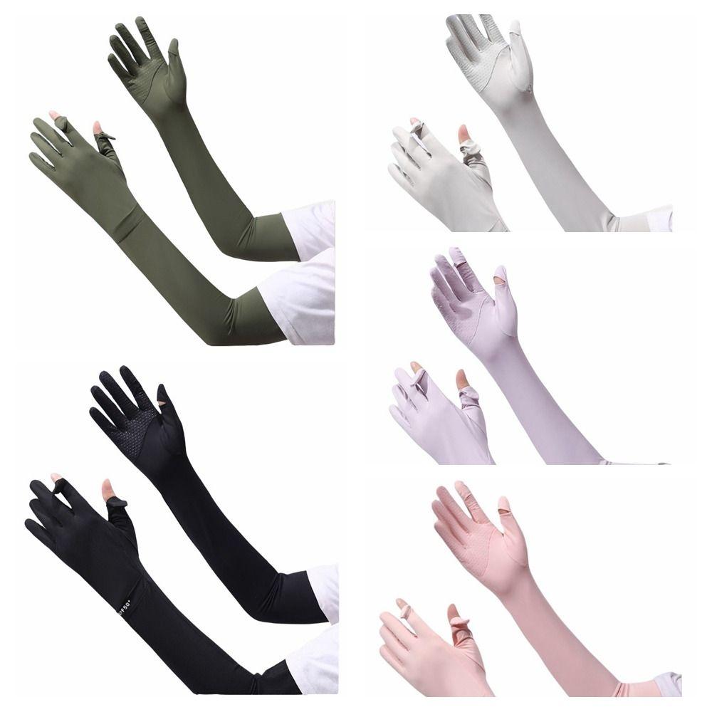 Fashion Solid Color Long Sleeve Sun Protection Non-slip Sunscreen Sleeve Gloves Elastic Cooling Ice Silk Arm Sleeve Women