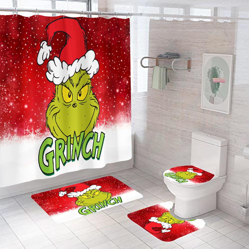 Bathroom Shower Curtain Four-Piece Green Hair Monster Christmas Green Waterproof Shower Curtain Toilet Partition Curtain Bath Mat