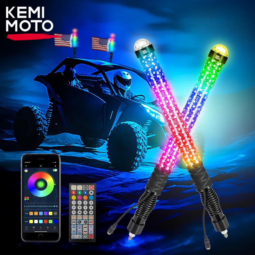 2PCS UTV Fat Whip Lights with Warning Light for SXS Spiral RGB Chasing Lighted Whips Compatible with Polaris RZR for Can-Am X3