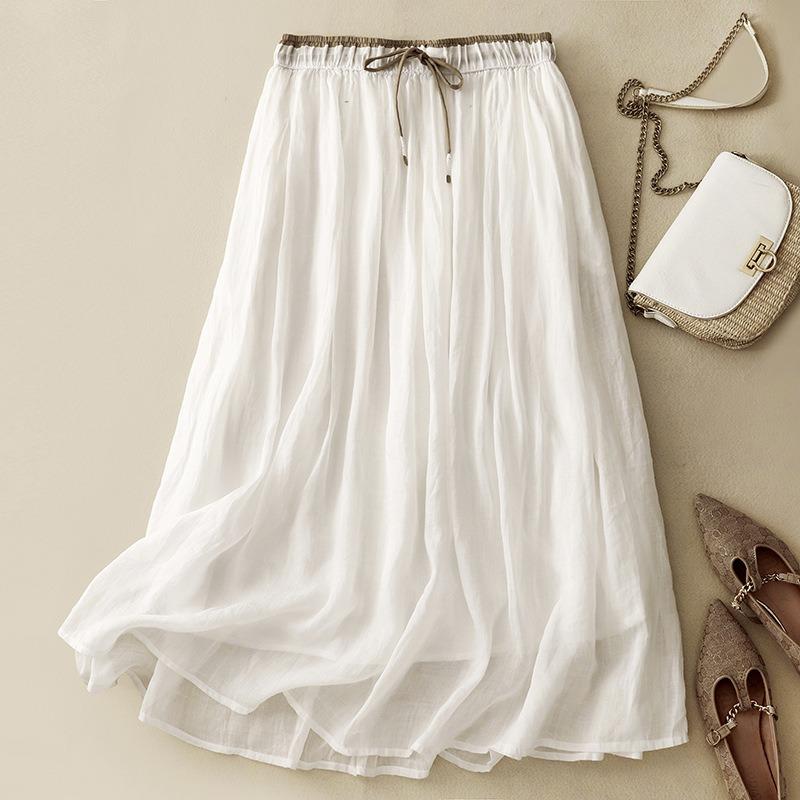 Skutečné léto nové bavlna a len literární volná ležérní splývavá středně dlouhá dvouvrstvá sukně s vysokým pasem