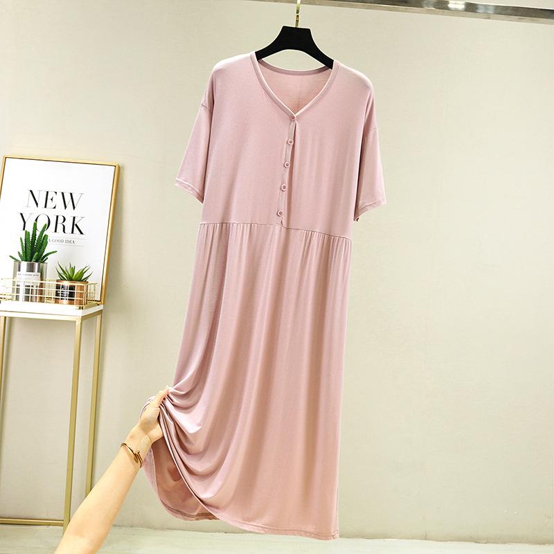 

Ночная рубашка женская весна-лето свободная оверсайз V-образный вырез с короткими рукавами платье для дома длинное One Size розовый