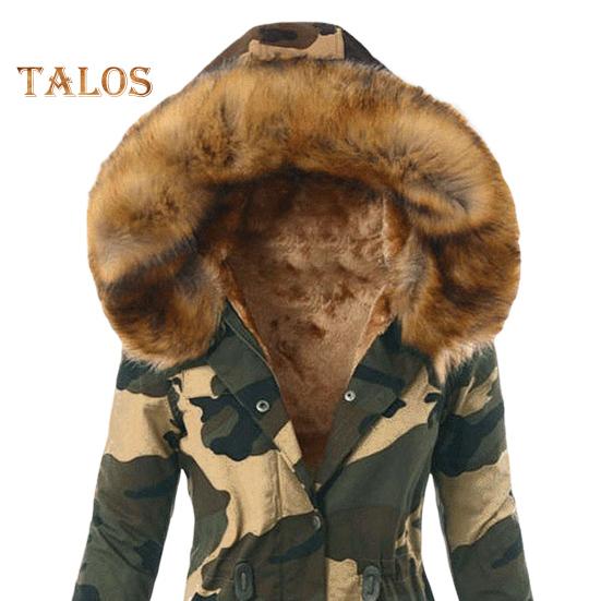 Women Winter Down Coat Faux Fur Fleece-lined Zip-up Press Button Closure Windproof Mid Length Jacket Camouflage Print Slim Fit Outerwear