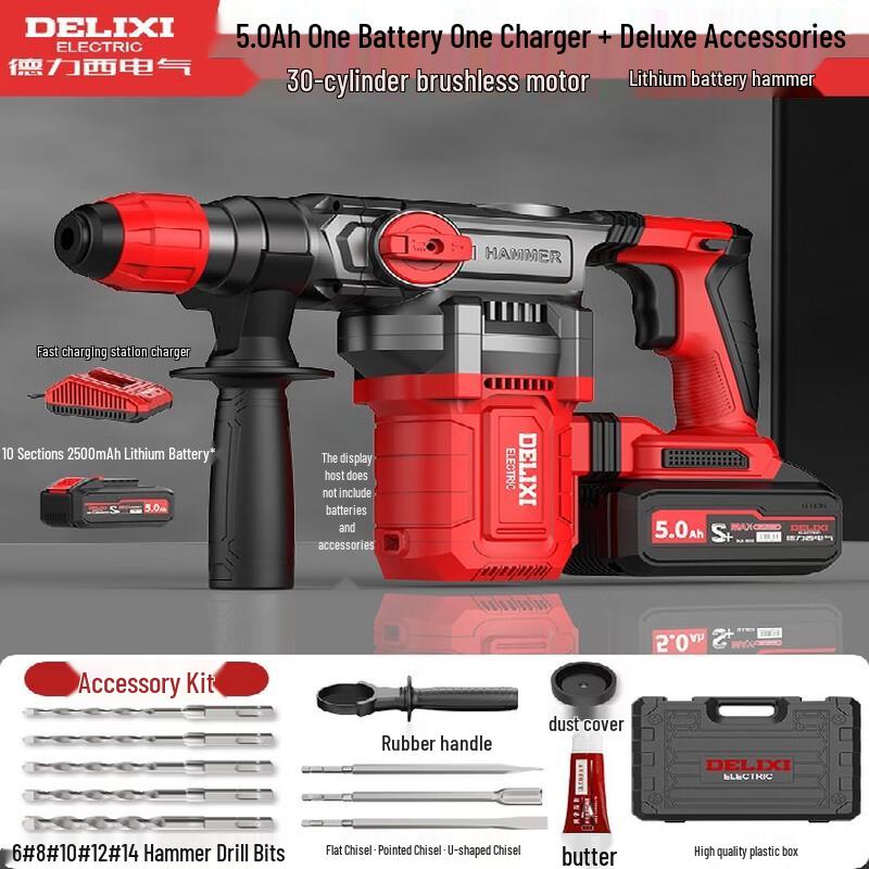 DELIXI Cordless Brushless Rotary Hammer & Chipping Drill CN Plug (adapter Included)