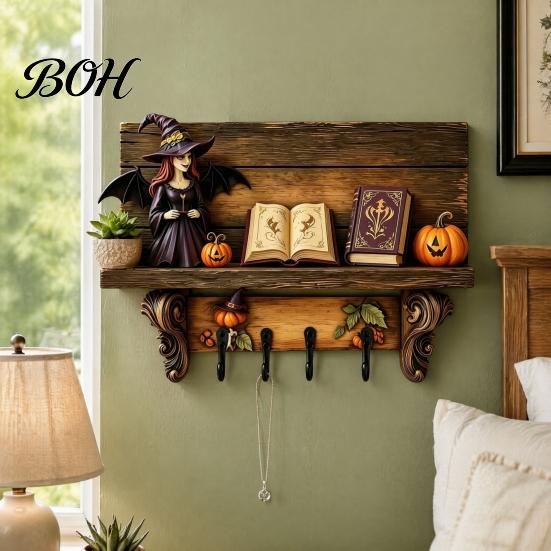 Functional Wooden Key Storage Halloween Holder, Lady Ghost Holder with 4 Hooks, Wall Home Decor Mounted Spooky Rack Organizer for Entryway Hallway