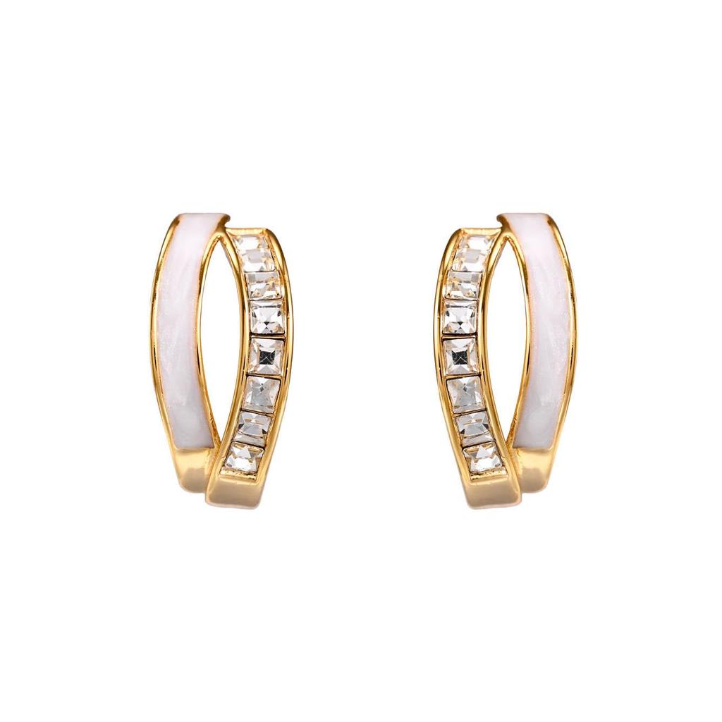 Exquisite White Enamel Rhinestone C-Shape Double-Layer Stud Earrings In 925 Silver for Women
