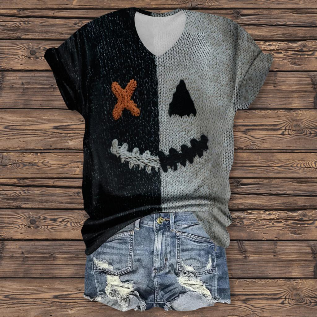 Moda Donna Casual Manica a Tre Quarti Lettere di Halloween, Top con Stampa Faccia
