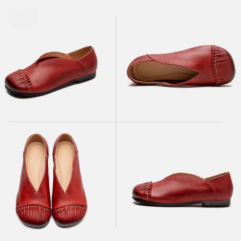 Johnature Retro Genuine Leather Flat Shoes Round Toe Soft Sole Casual Solid Color Women's Slip-on Shoes