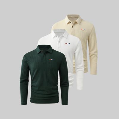 Men's Golf Long-Sleeve Polo 3pcs Set: Double-Button Collar, Versatile Fit, Lightweight, Breathable, Moisture-Wicking, and Quick-Drying Polo