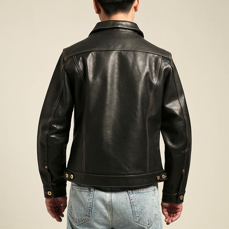 Vegetable tanned oil wax cowhide leather jacket men's retro lapel locomotive replica denim leather jacket
