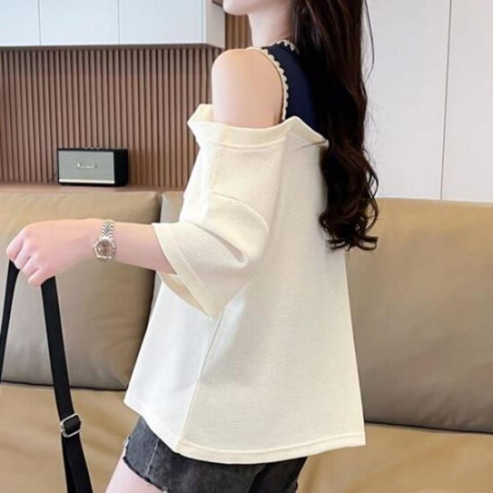 Navava Women PrinTing Color Off Shoulder ShorT Sleeve T shirT nT2569