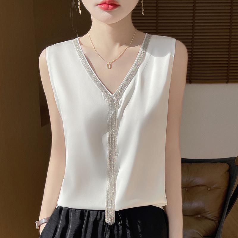 

2025 Women s Summer V-neck Sleeveless Tassel Ice Silk Vest Top L