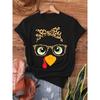 Thanksgiving Turkey Face Leopard Print T-shirt, Short Sleeve Crew Neck Casual Top for Summer & Spring, Women's Clothing