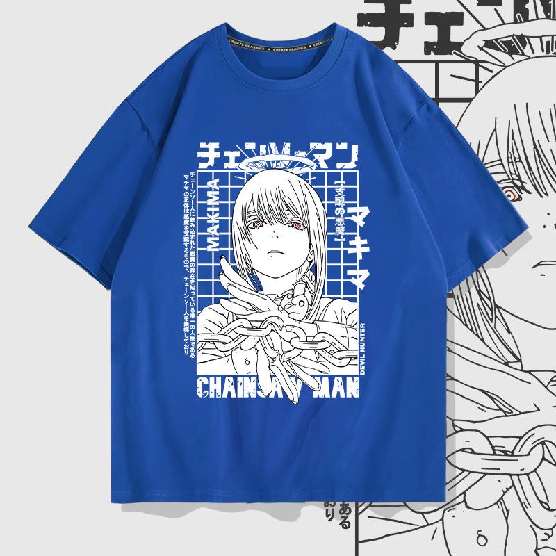 Japanese anime chainsaw man Makima pure cotton short-sleeved men's T-shirt Summer trend brand loose off-the-shoulder half-sleeve