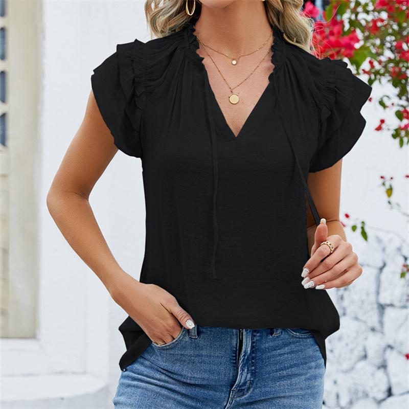 Frühling Sommer Einfarbig Krawatte V-Ausschnitt Plissee Bluse Casual Bandage Rüschen Kurzarm Damen Top