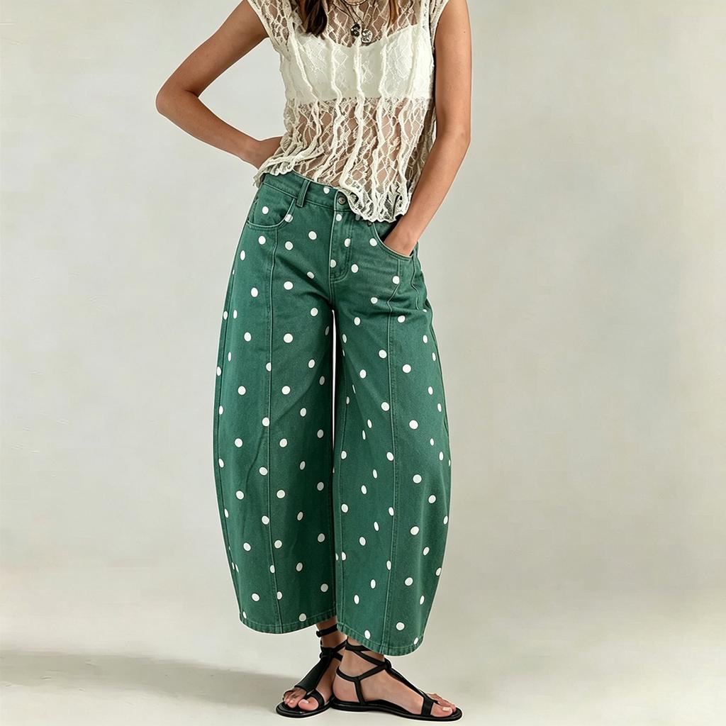 Jeans Cropped Feminino de Bolinhas com Caimento Médio Solto para Uso Casual Diário