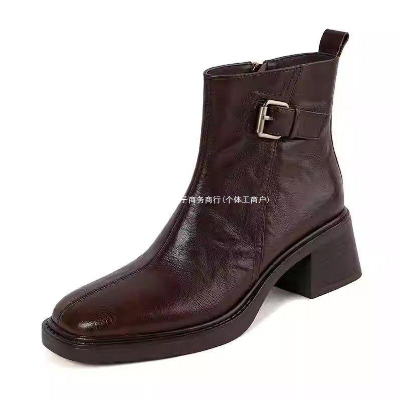 2025 autumn and winter new retro medium heel thick heel new Chinese belt buckle short boots femininity British Martin boots