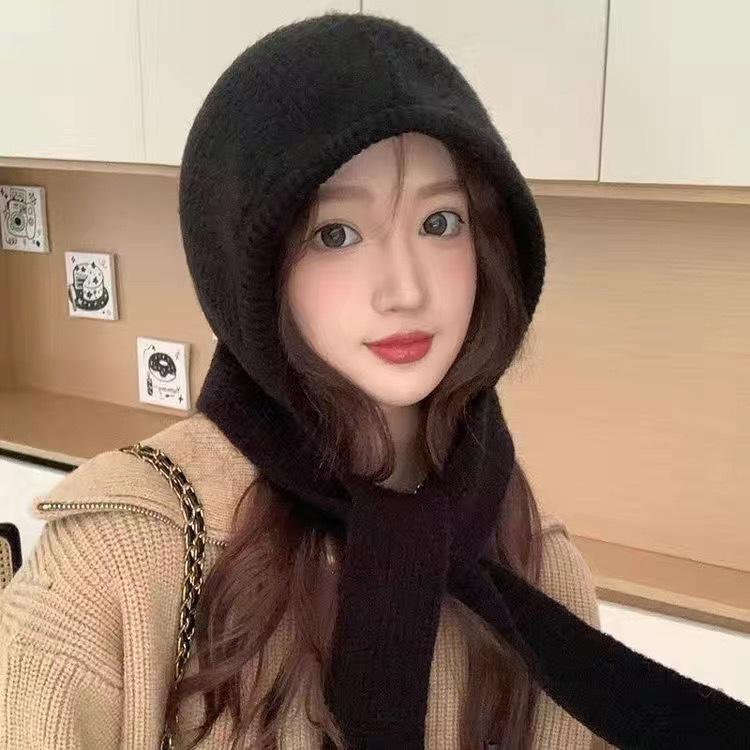 Internet celebrity knitted Little Red Riding Hood warm thickened hat scarf integrated cold wool hat female balaclava hat