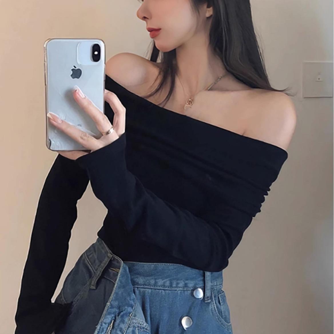 

Футболка с длинным рукавом и открытыми плечами из немецкого бархата для женщин: Облегающий, сексуальный, теплый топ на весну, осень и зиму M чёрный