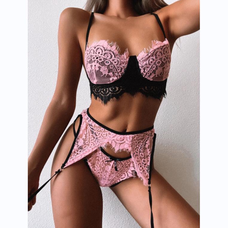Women's Lace Suspender Lingerie Set with Eyelash Trim