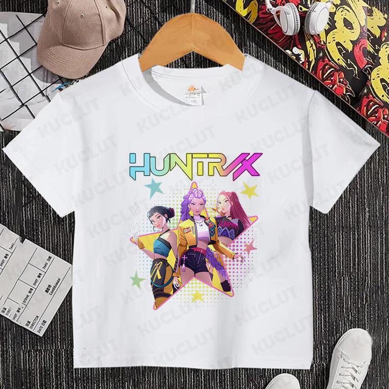 

Kpop Охотник на демонов HuntrX Детская футболка для девочек и мальчиков, мультяшная футболка, летняя повседневная футболка с коротким рукавом, удобная детская одежда 140