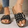 Fashion Buckle Rivet Decor Flat Sandals for Women 2025 Summer Retro Thick Sole Non Slip Slippers Plus Size Comfort Platform Beach Shoes