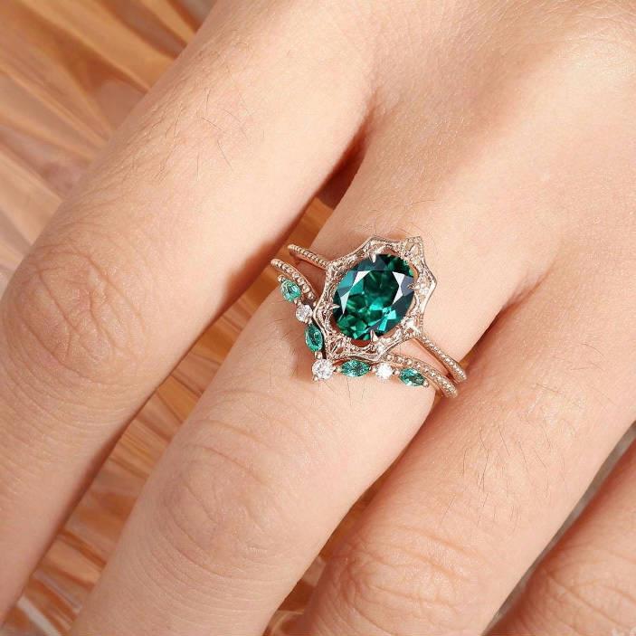 European & American Style Green Zirconia Gold-Plated Engagement Ring Set - 2-Piece Women's Jewelry Bestseller