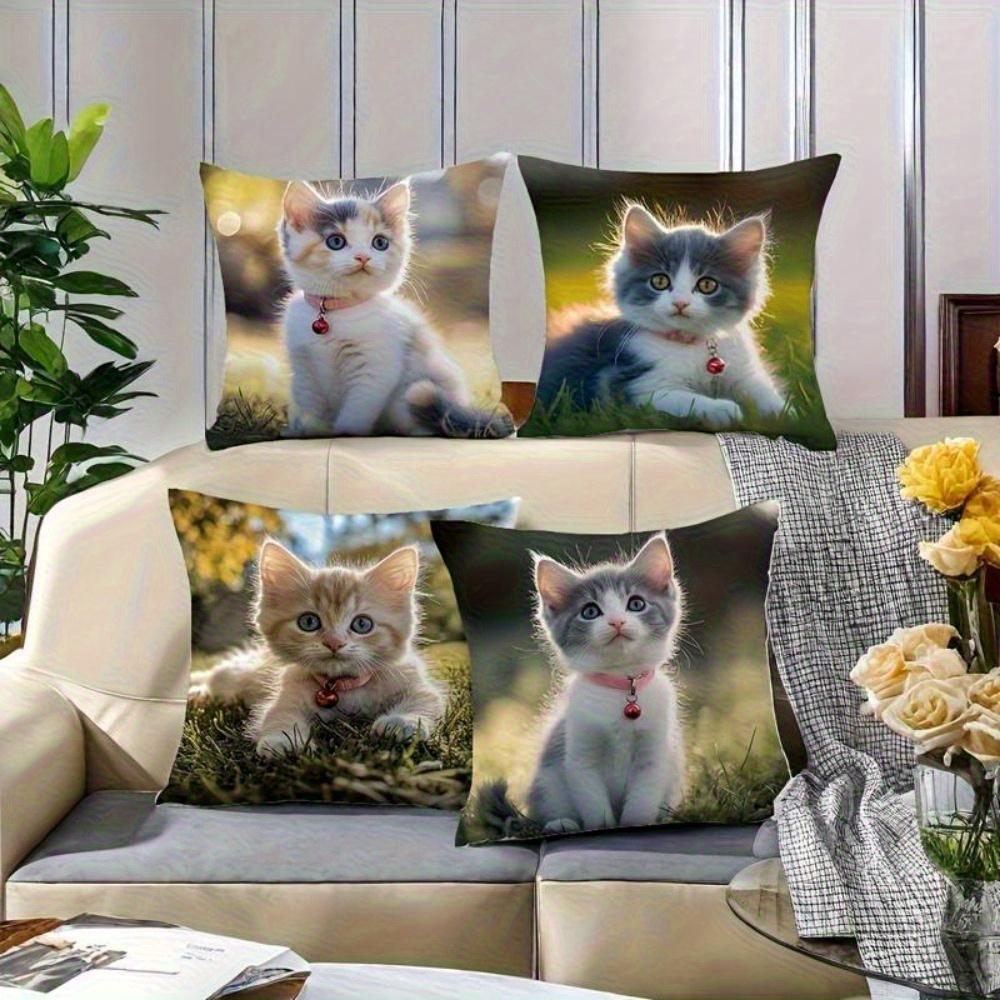 4Pcs Cute Cat Theme Digital Printing Pillow Cover Short Plush Suitable Living Rooms Bedrooms Sofas Throw Cushion Cover