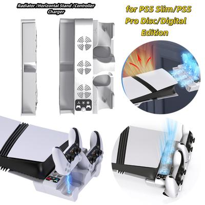 Base di Ricarica Stazione di Raffreddamento Ventola di Raffreddamento a 3 Livelli Base di Ricarica per Doppio Controller Supporto Orizzontale per PS5 Slim/PS5 Pro Edizione con Disco/Digitale