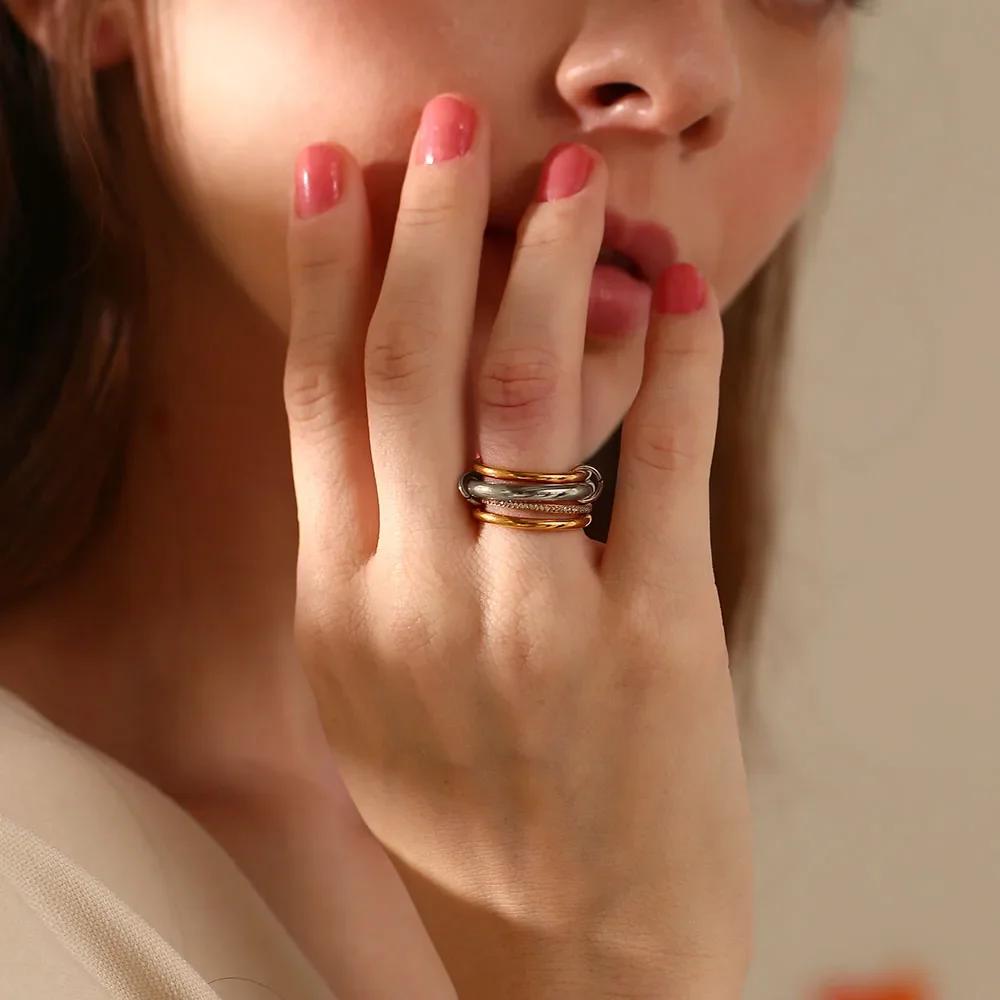 Stainless Steel 3-layer Mixed Color Inlaid Zircon Women's Ring Shiny Waterproof Jewelry Gift
