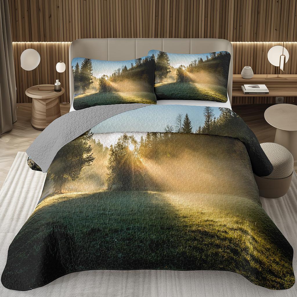 Forest Bedspread Queen/Twin, Nature Scenery Quilt Set, Soft Lightweight Botanical Tree Coverlet, Rustic Farmhouse Bedding Set
