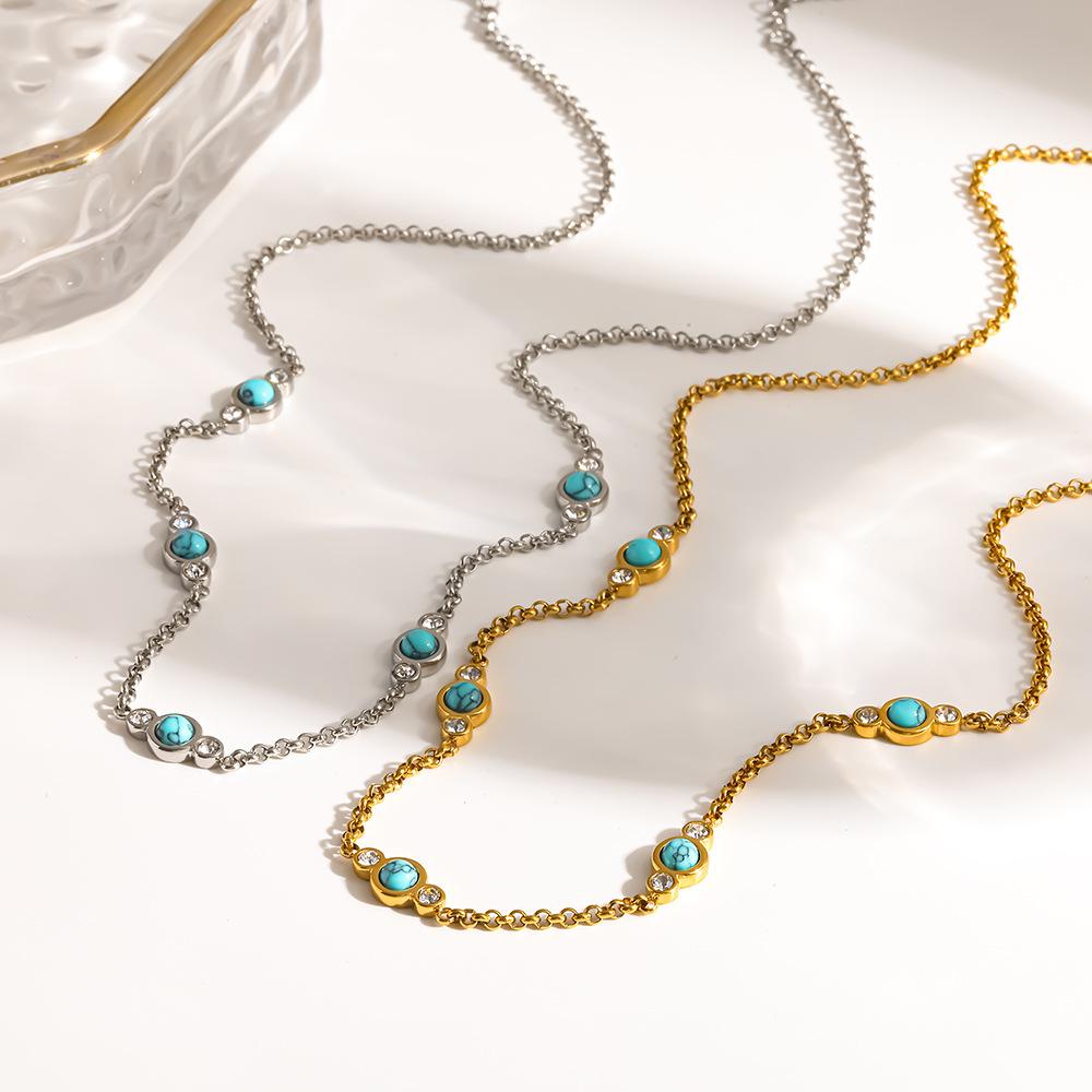 Hot Sale Natural Turquoise Stainless Steel Clavicle Chain Plated 18K Gold Non-Fading Necklace Light Luxury Niche Jewelry