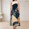Women Plus Size Round Neck Triple Keyhole Cutout Sleeveless Printed Blue Beige White Long Maxi Dress