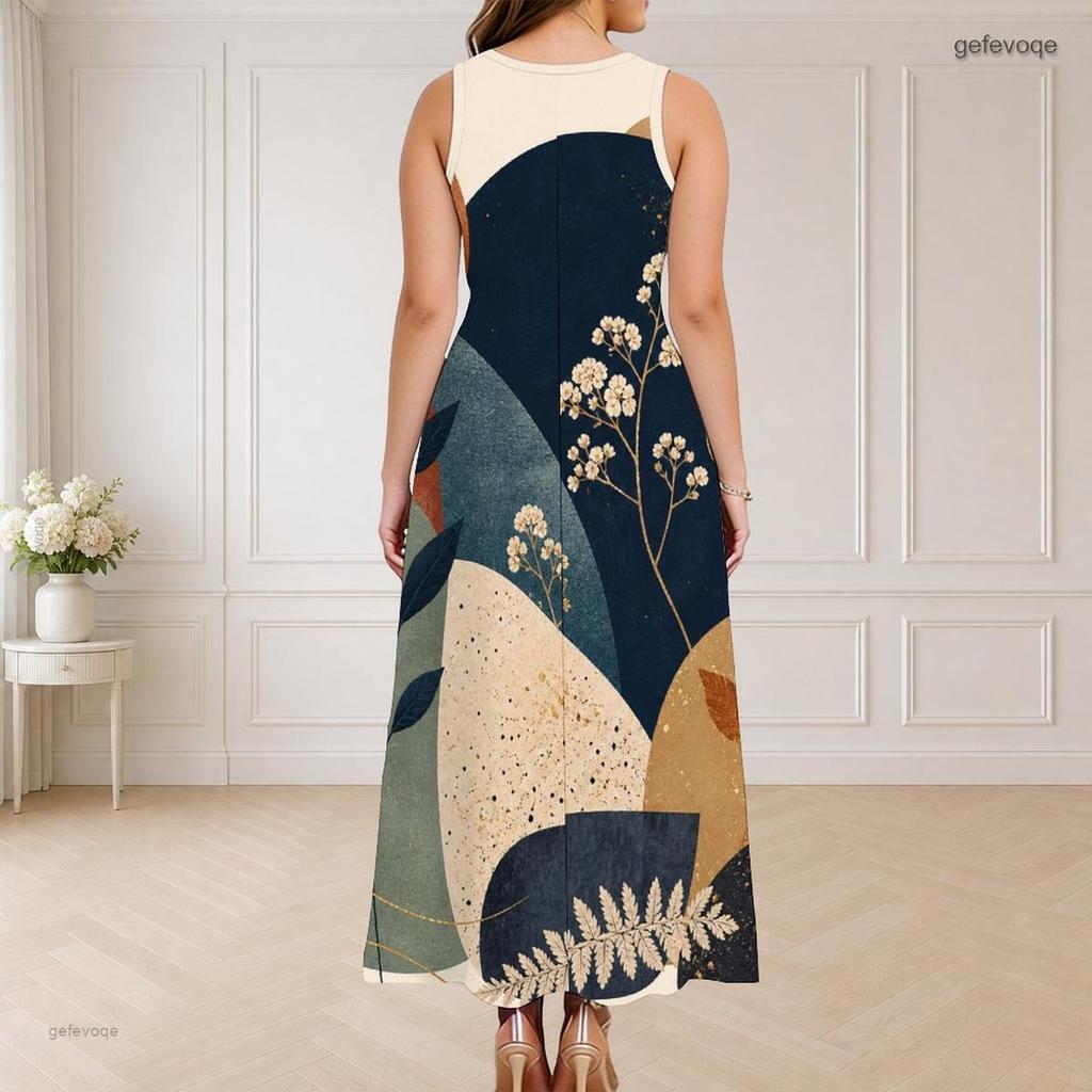 Women Plus Size Round Neck Triple Keyhole Cutout Sleeveless Printed Blue Beige White Long Maxi Dress