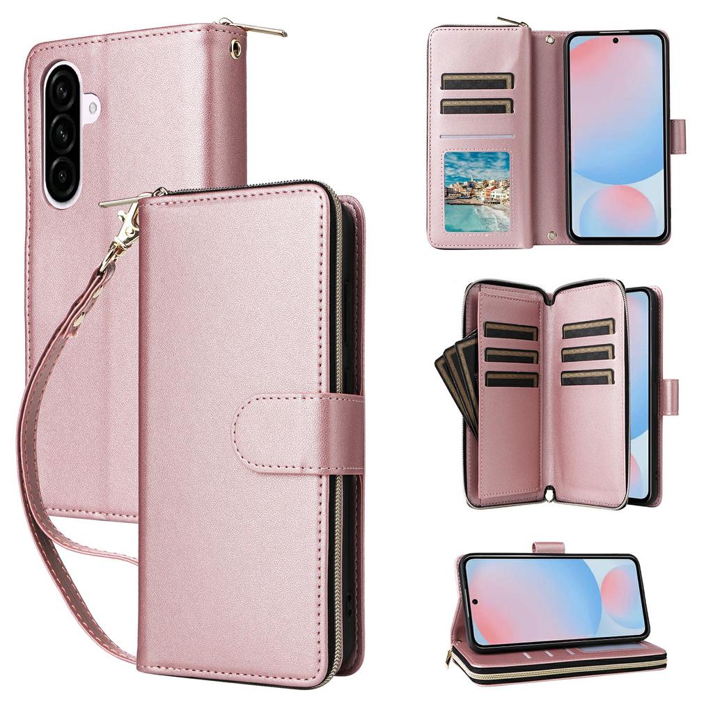 For Samsung Galaxy A57 5G Case 9 Card Slots Zipper Pocket PU Leather Phone Cover with Wrist Strap