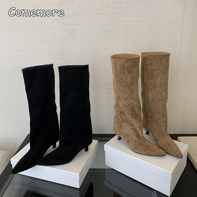 Mid Heel Women's Black Mid-Calf Boots Slip on Pointed Toe Shoes Elegant Office Ladies Suede Autumn Long Boots for Women Size35