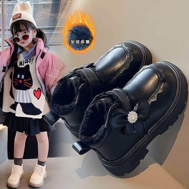 Children's Warm Big Cotton Shoes Girl Martin Boots Velvet Princess Wind Autumn and Winter New Girls Leather Snow Boots Korean Version