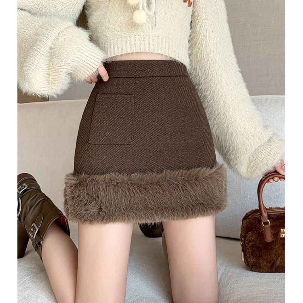 

Юбка А-силуэта Женская Зимняя Новая Юбка Мини с Высокой Посадкой Шерстяная Элегантная Комбинированная Юбка по Бедрам XL темно-коричневого
